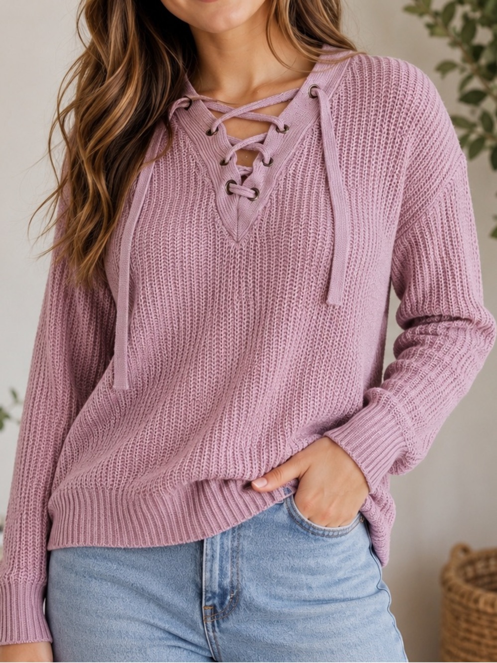 Lace-Up V-Neck Knit Sweater - Dusty Rose